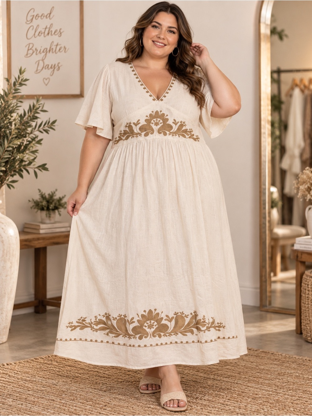 Cream Maxi Dress with Gold Embroidered Detail